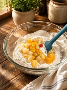 Mixing fruit cocktail, flour, and sugar in a glass bowl for Dolly Partonโs Cuppa Cake.