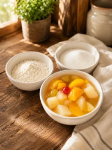 Flour, sugar, and fruit cocktail arranged in bowls for Dolly Partonโs Cuppa Cake recipe.