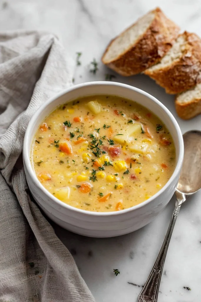 Bowl of Dolly Parton’s Stampede Soup with fresh ingredients and herbs