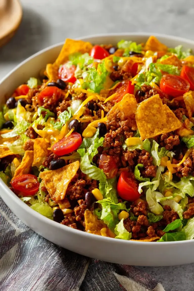 Doritos Taco Salad with colorful ingredients and crunchy Doritos
