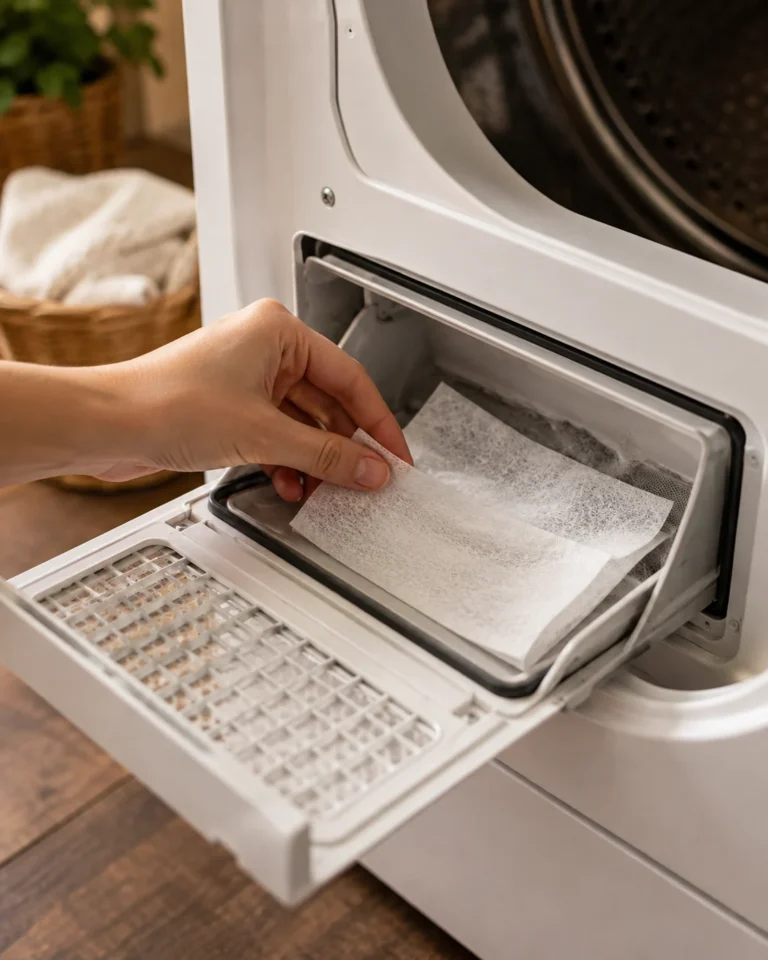 Dryer sheet sitting beside a clean dryer lint filter to illustrate an unsafe laundry hack