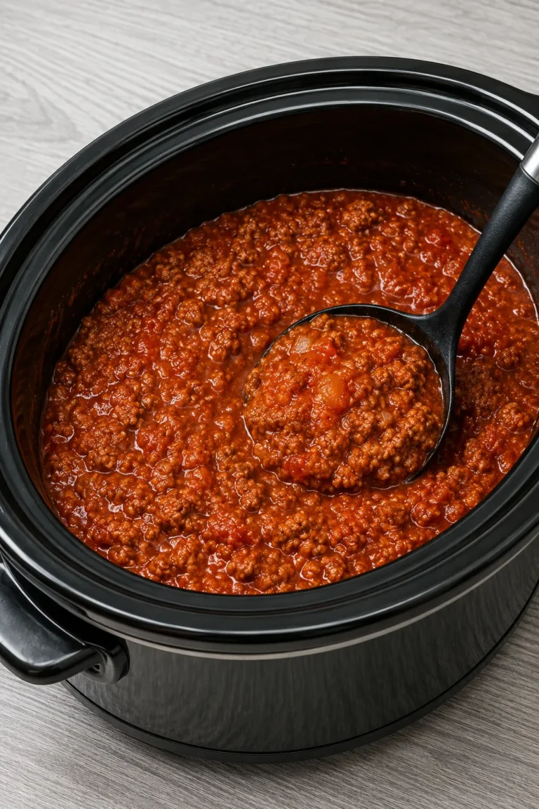Dump-and-Go Crockpot Chili cooking in a slow cooker with ground beef, beans, tomatoes, and rich chili seasoning.