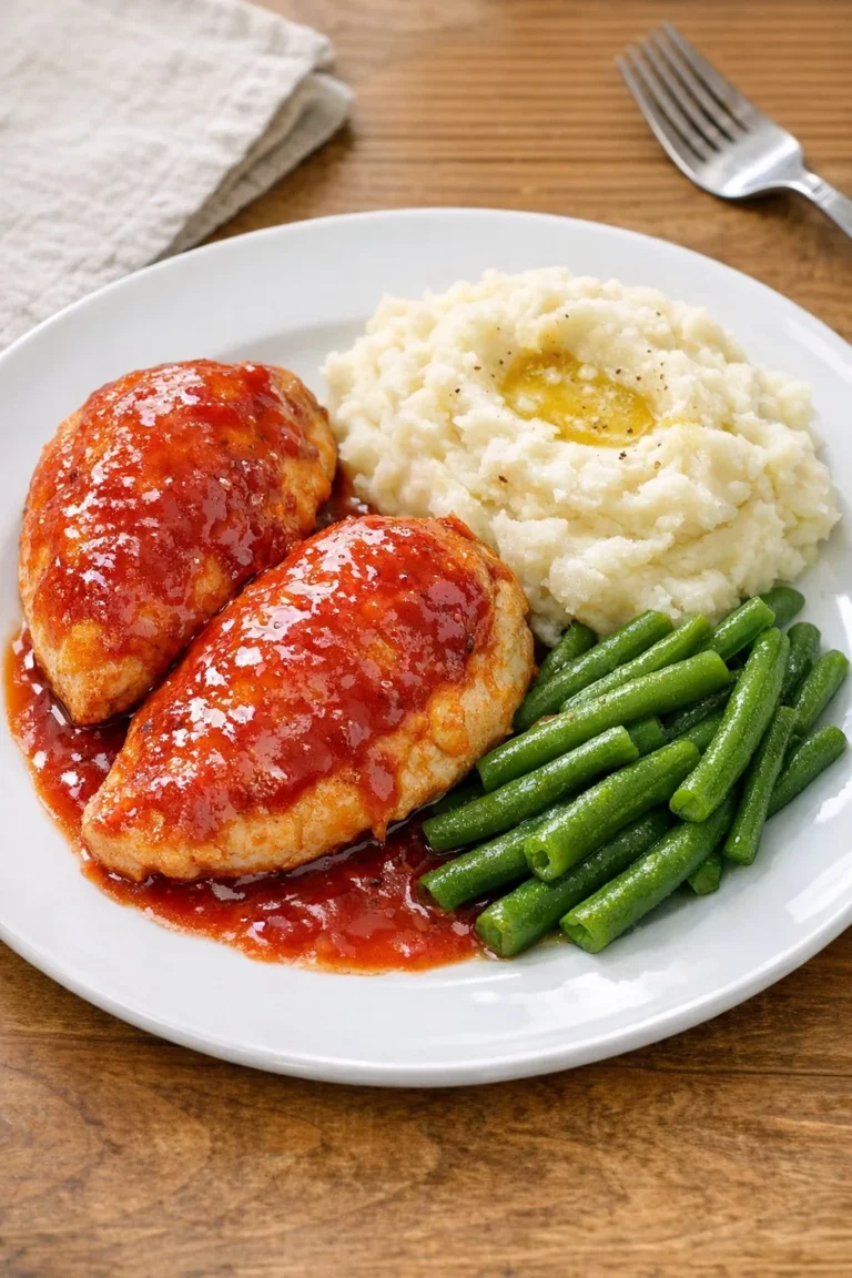 Baked frozen chicken half breasts on a baking sheet with seasonings.