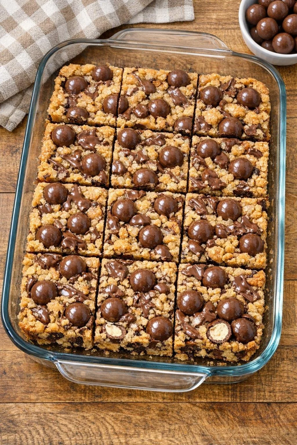 A glass baking dish filled with dessert made from malted milk balls and other ingredients