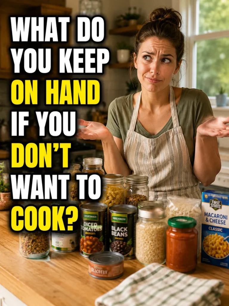 Pantry and freezer stocked with easy meal staples including pasta, soup, frozen pizza, and canned foods