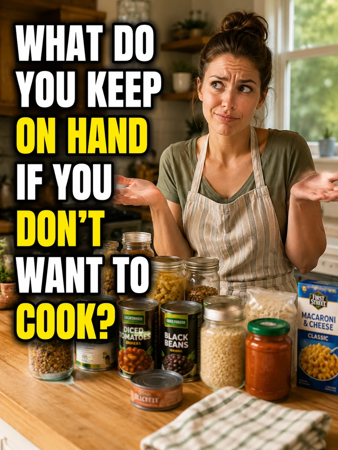 Pantry and freezer stocked with easy meal staples including pasta, soup, frozen pizza, and canned foods