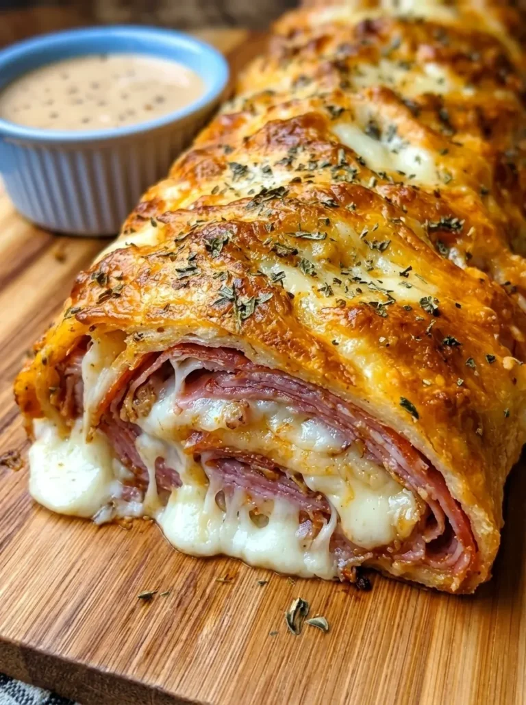 A vertical, close-up shot of a long, golden-brown ham and cheese stromboli resting on a wooden cutting board. The crust is crispy and dusted with dried herbs. A cross-section slice at the front reveals multiple layers of thinly sliced pink ham and overflowing melted white mozzarella cheese. A small blue bowl of dipping sauce is visible in the blurred background.