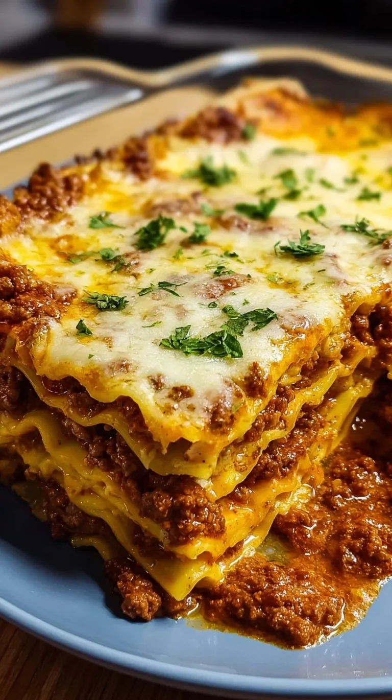 A slice of layered lasagna with creamy meat sauce and melted cheese on a white plate.