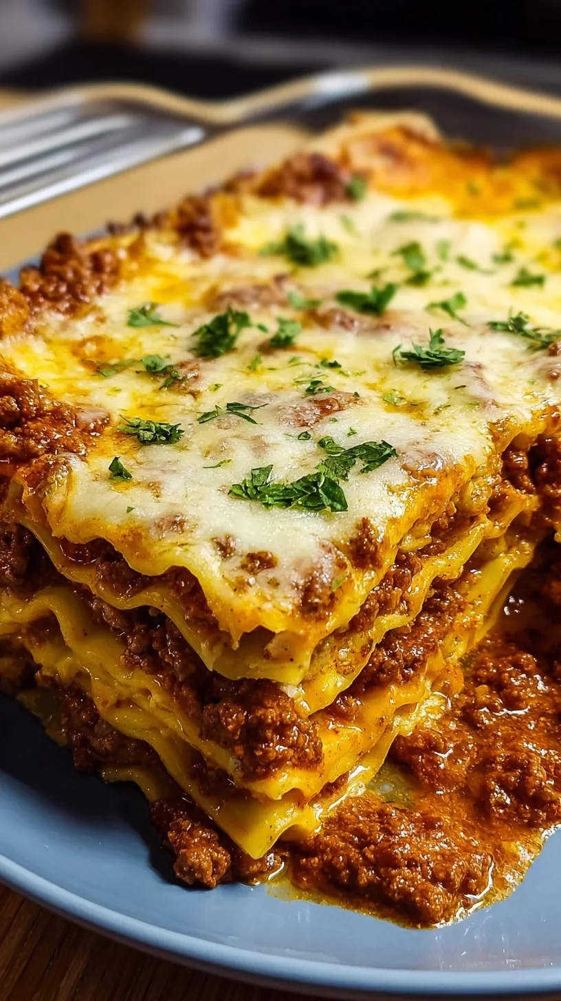 A slice of layered lasagna with creamy meat sauce and melted cheese on a white plate.