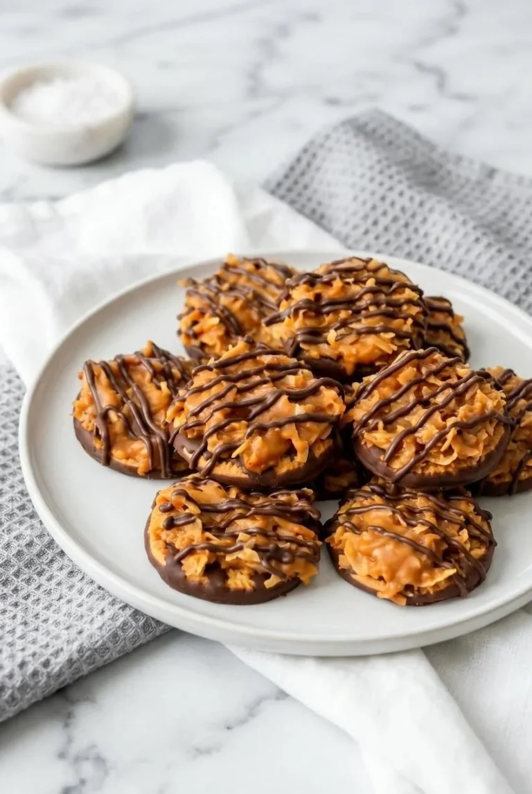 Delicious no bake Samoa cookies topped with chocolate and coconut