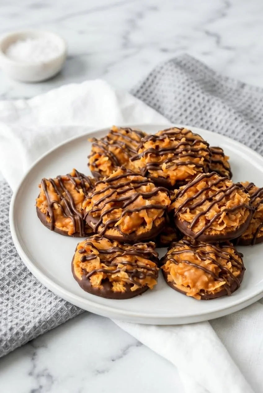 Delicious no bake Samoa cookies topped with chocolate and coconut