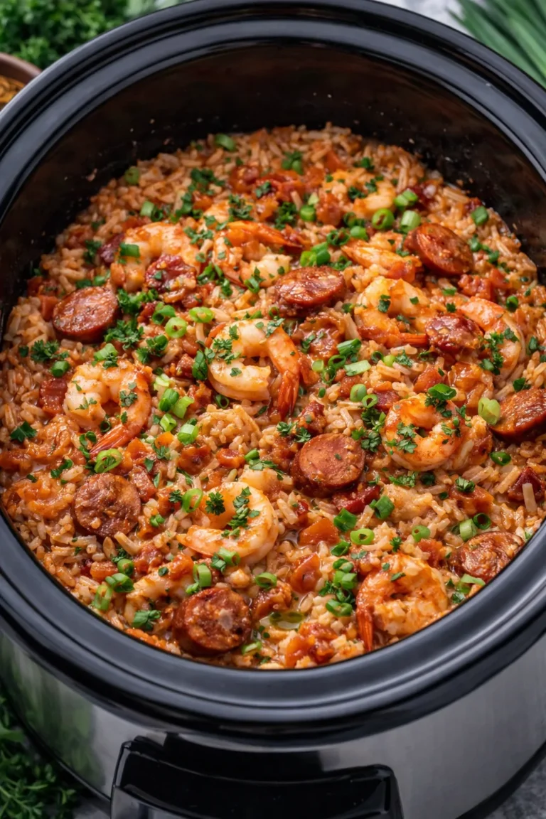 A vertical, high-angle close-up looking into a black slow cooker filled with jambalaya. Plump, pink shrimp and browned rounds of andouille sausage are nestled in a bed of seasoned, tomato-tinted rice. The dish is heavily garnished with freshly chopped green parsley and sliced green onions. The colors are vibrant and the texture looks hearty and moist.