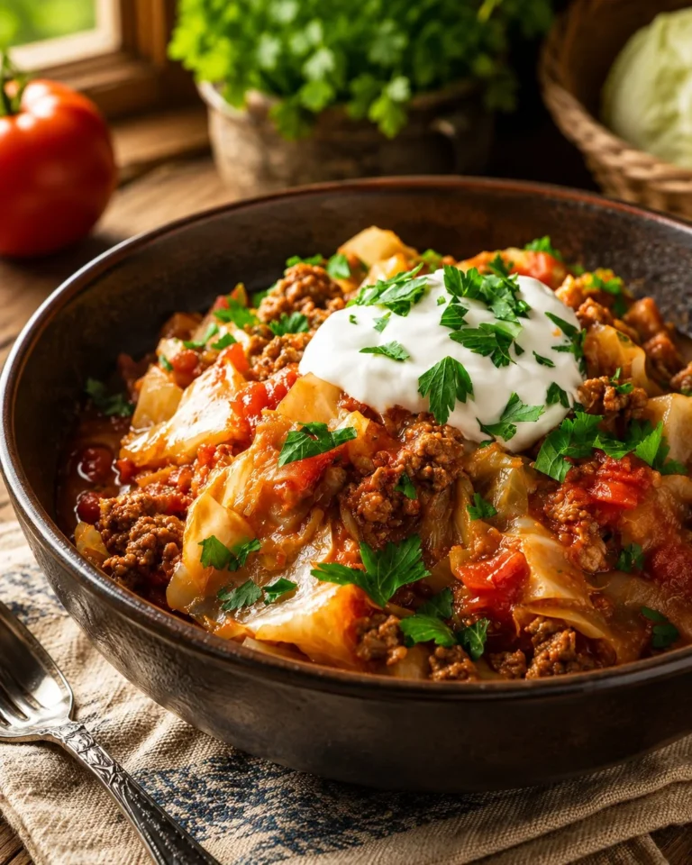 Bowl of easy slow cooker unstuffed cabbage roll soup garnished with parsley