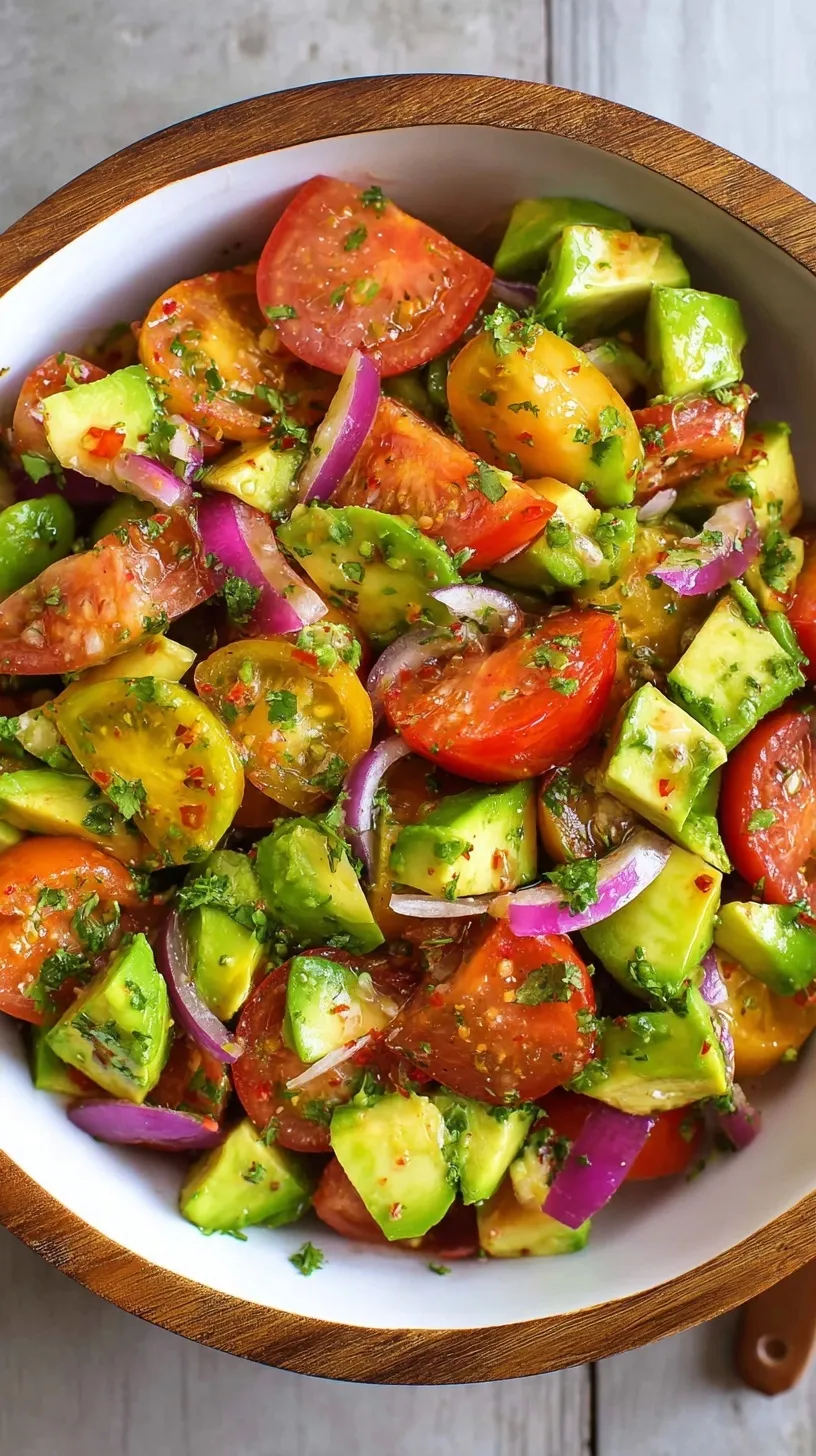 A bowl of fresh tomato and avocado salad with red onions and cilantro dressing
