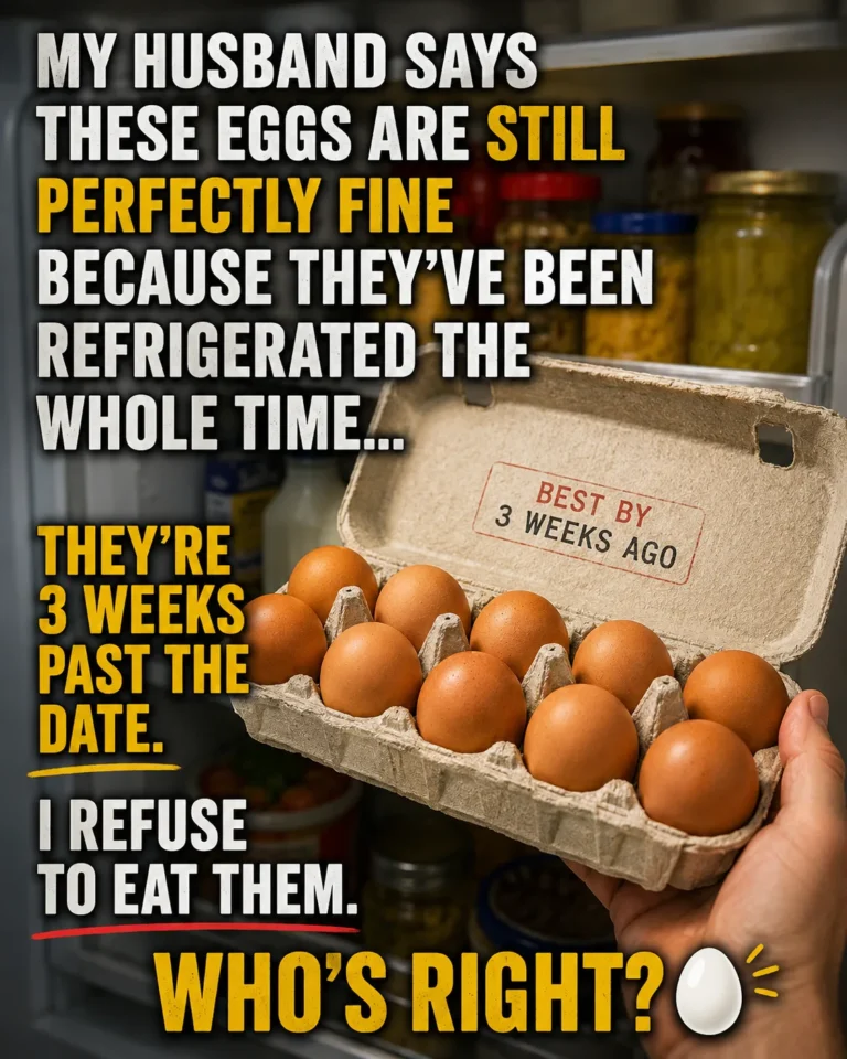Carton of eggs in a refrigerator marked three weeks past the best-by date