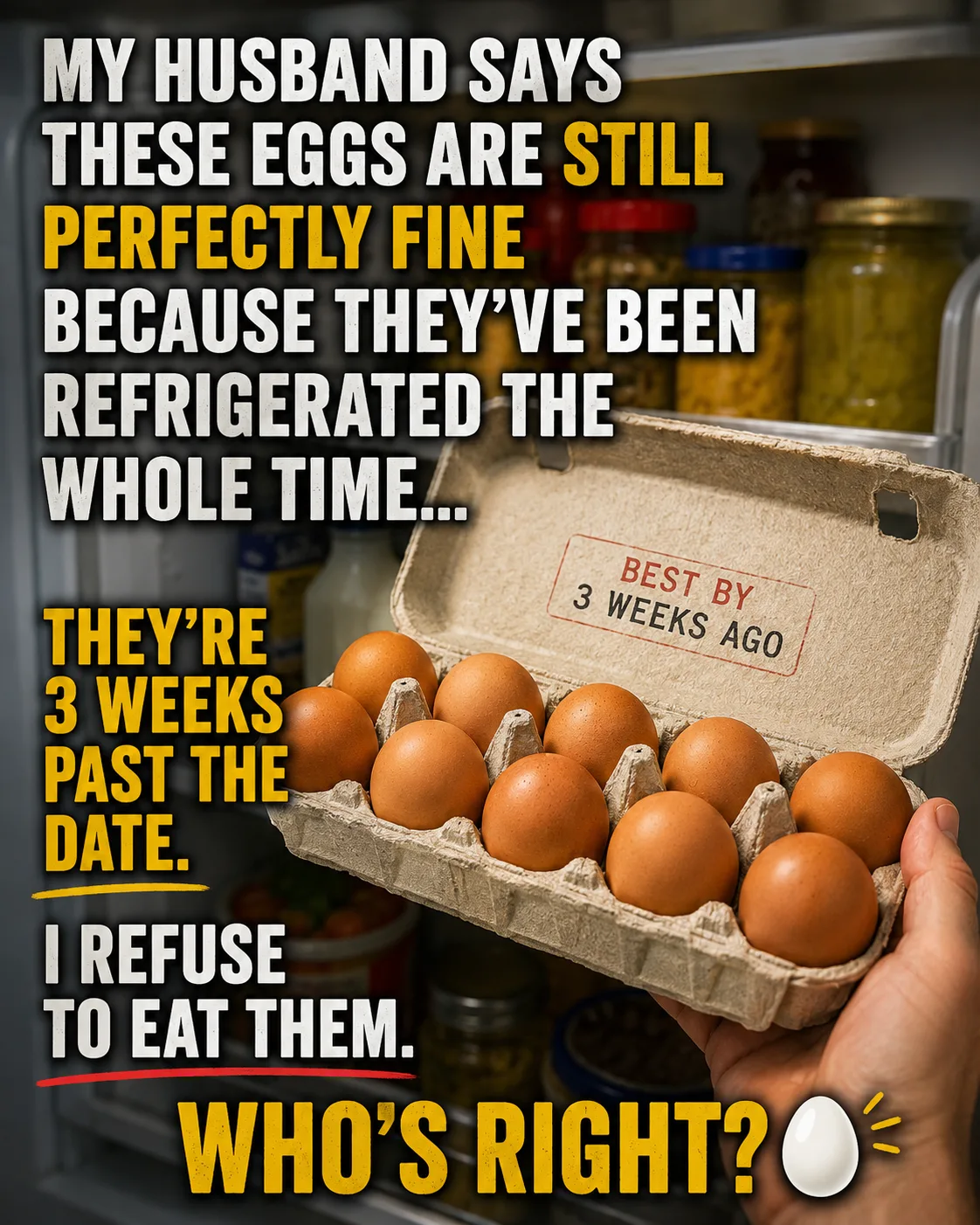 Carton of eggs in a refrigerator marked three weeks past the best-by date