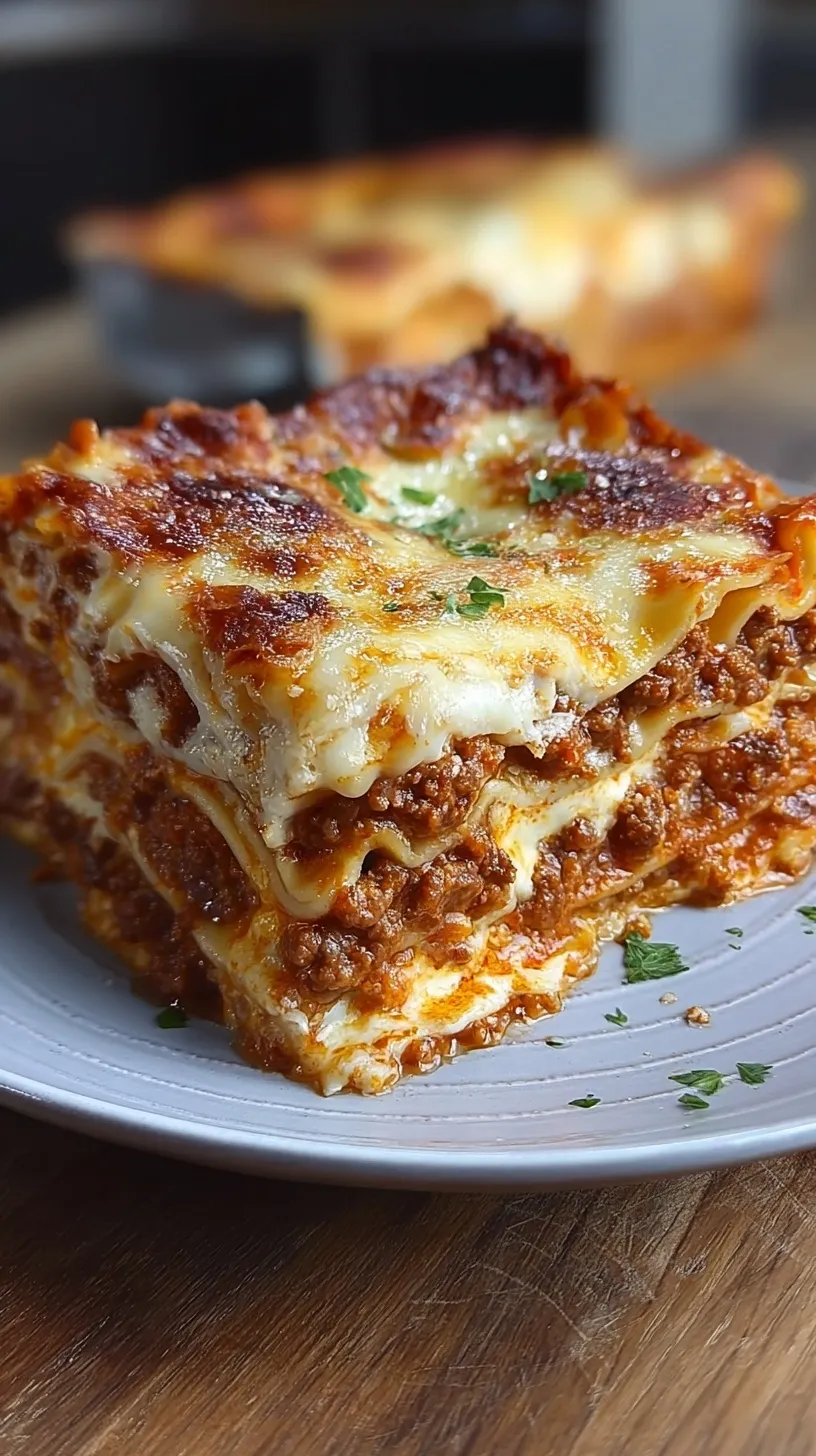 A close-up slice of layered beef lasagna with melted mozzarella and parmesan cheese