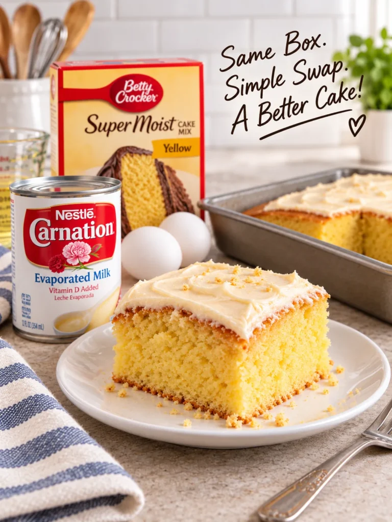 Yellow cake made with evaporated milk instead of water for a softer, richer boxed cake result.