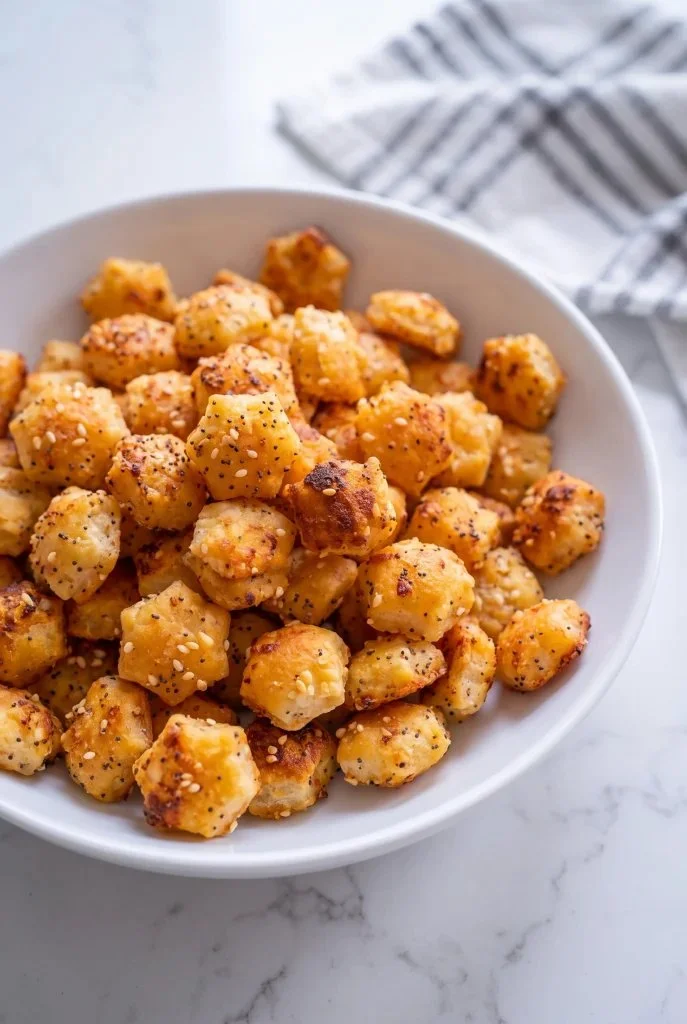 Delicious Everything Bagel Bits snack showcasing tasty bagel flavor in bite-sized pieces.