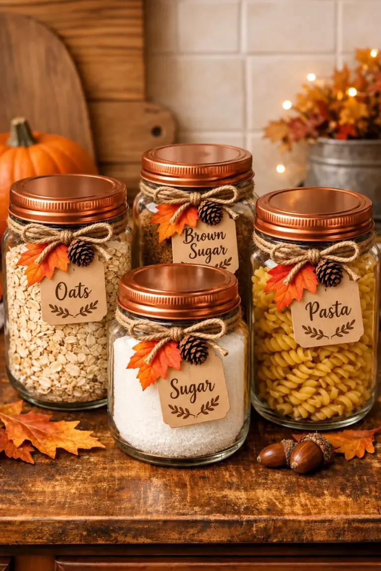 Fall kitchen canisters made from peanut butter jars with copper lids