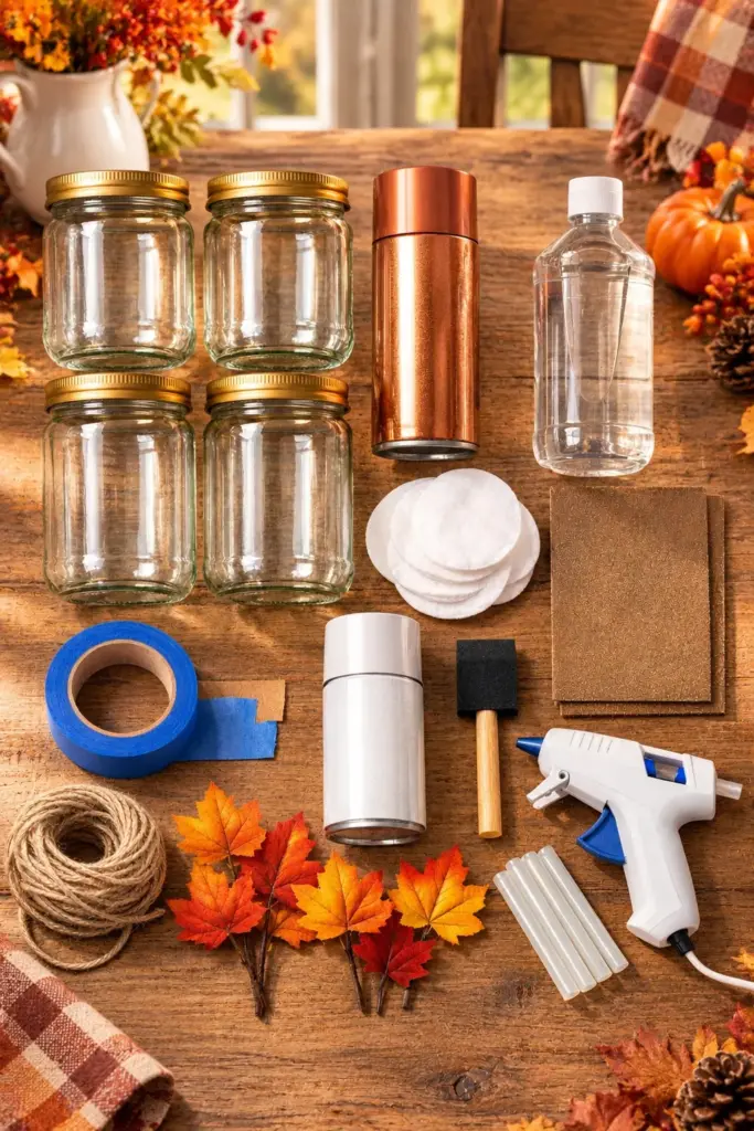 Fall kitchen canisters made from peanut butter jars with copper lids