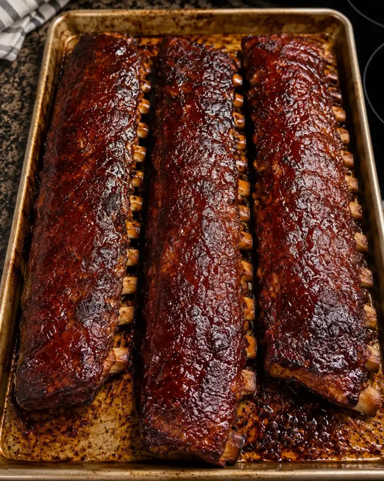 Sticky oven-baked BBQ ribs glazed with rich homemade barbecue sauce on a baking sheet, featuring tender pork ribs with a smoky caramelized finish.