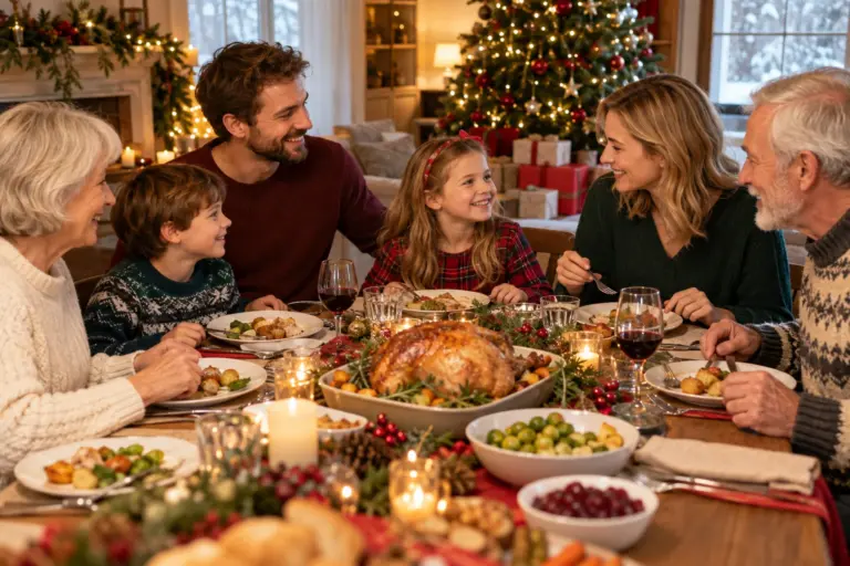 Family sharing a relaxed Christmas dinner together