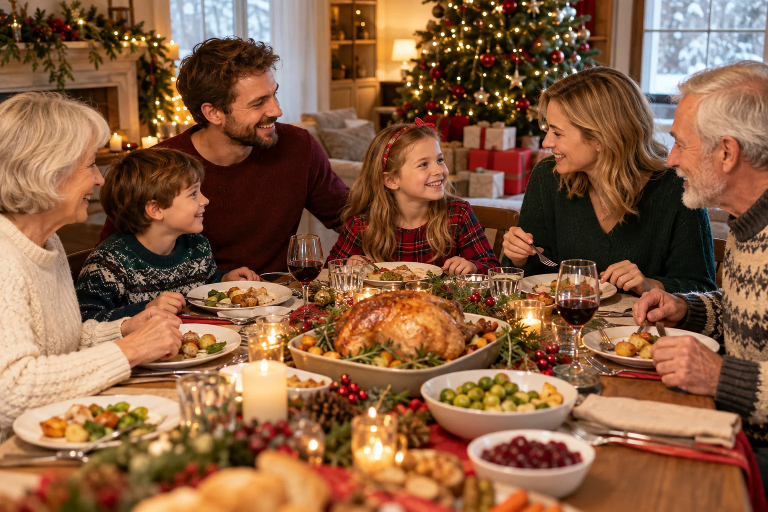 Family sharing Christmas dinner together