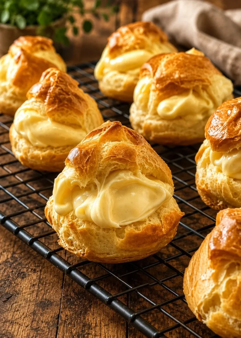 Delicious famous cream puffs filled with creamy filling on a plate.