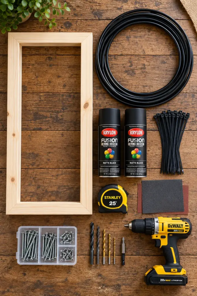Materials for a faux wrought iron porch trellis with hula hoops, wood boards, spray paint, screws, and zip ties
