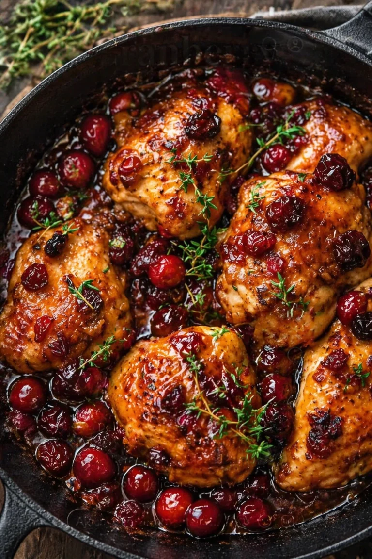 Cranberry orange glazed chicken skillet with juicy chicken thighs in a glossy sauce, topped with fresh cranberries and thyme in a cast iron pan