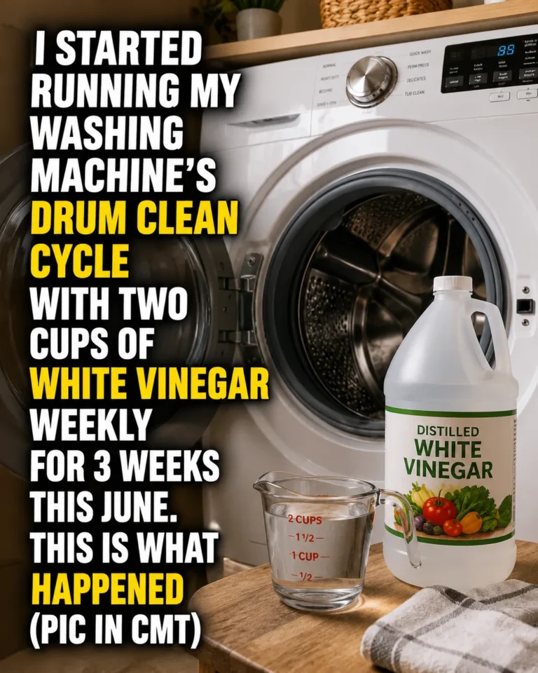 White vinegar being poured into a front-loading washing machine drum before a cleaning cycle