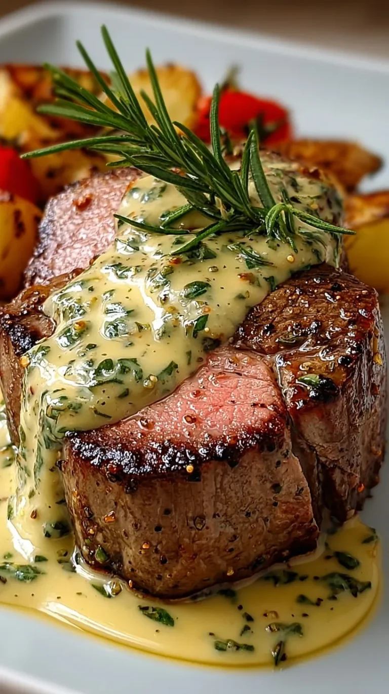 Sliced Filet Mignon Roast topped with creamy mustard herb sauce on a platter.