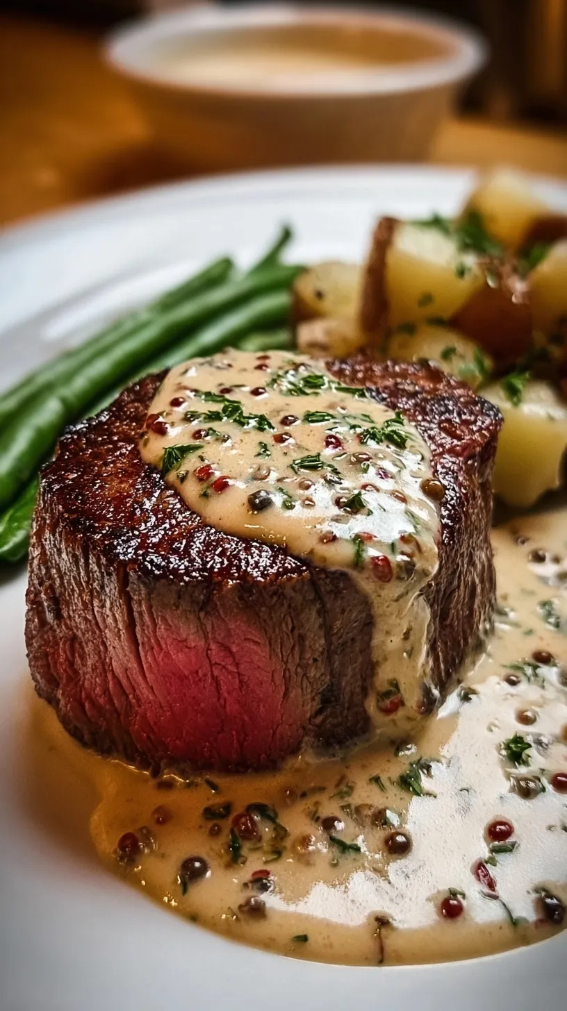 Pan-seared filet mignon topped with a rich, creamy peppercorn sauce in a cast iron skillet.