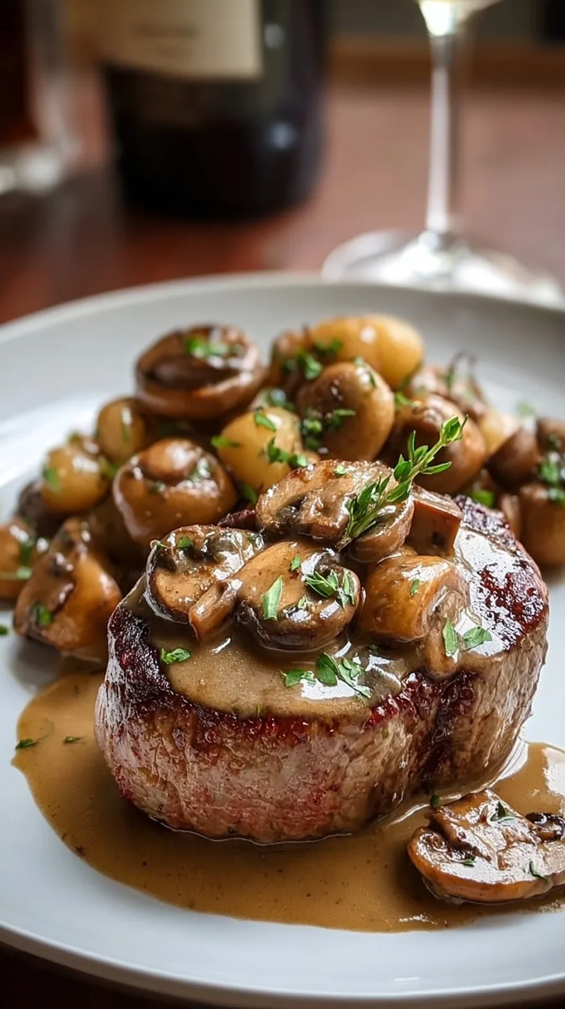 Pan-seared filet mignon topped with a rich red wine and mushroom reduction sauce