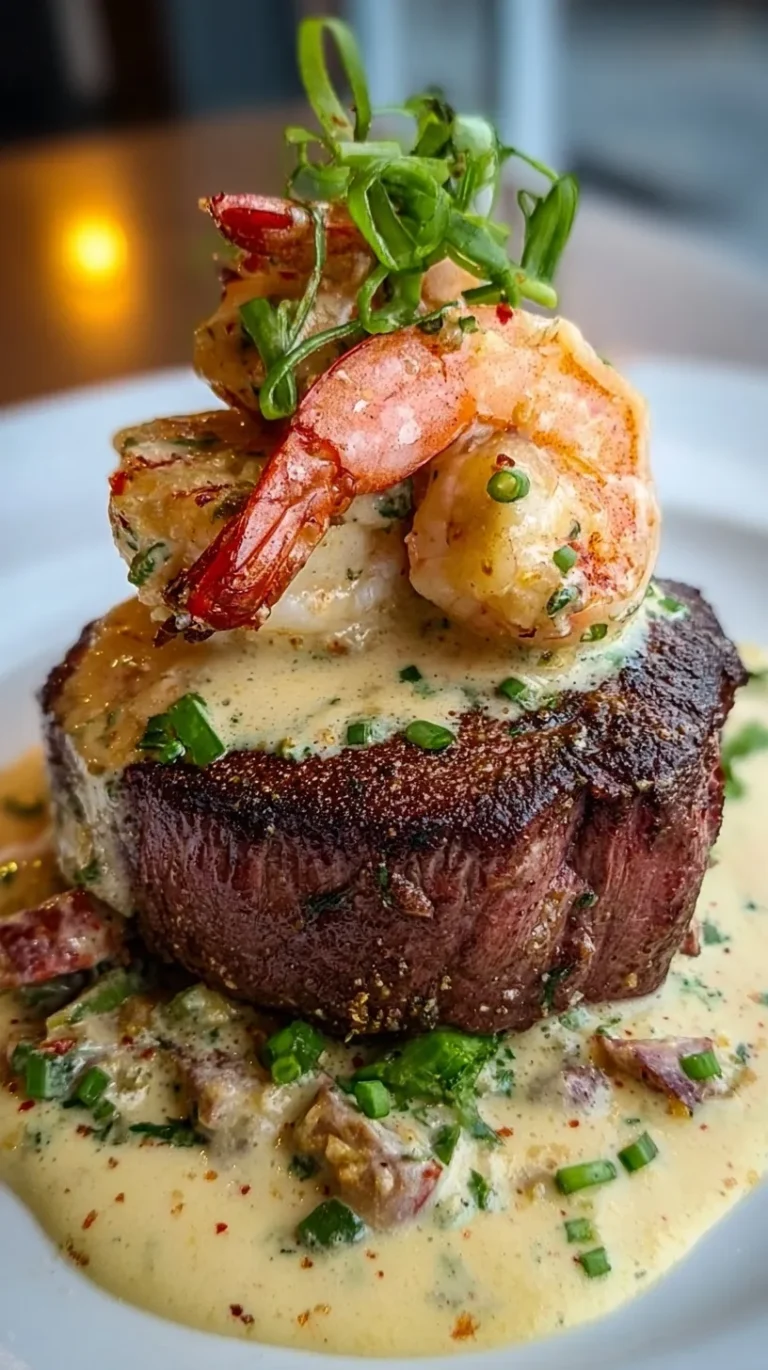Pan-seared filet mignon topped with shrimp and creamy lobster sauce on a white plate.