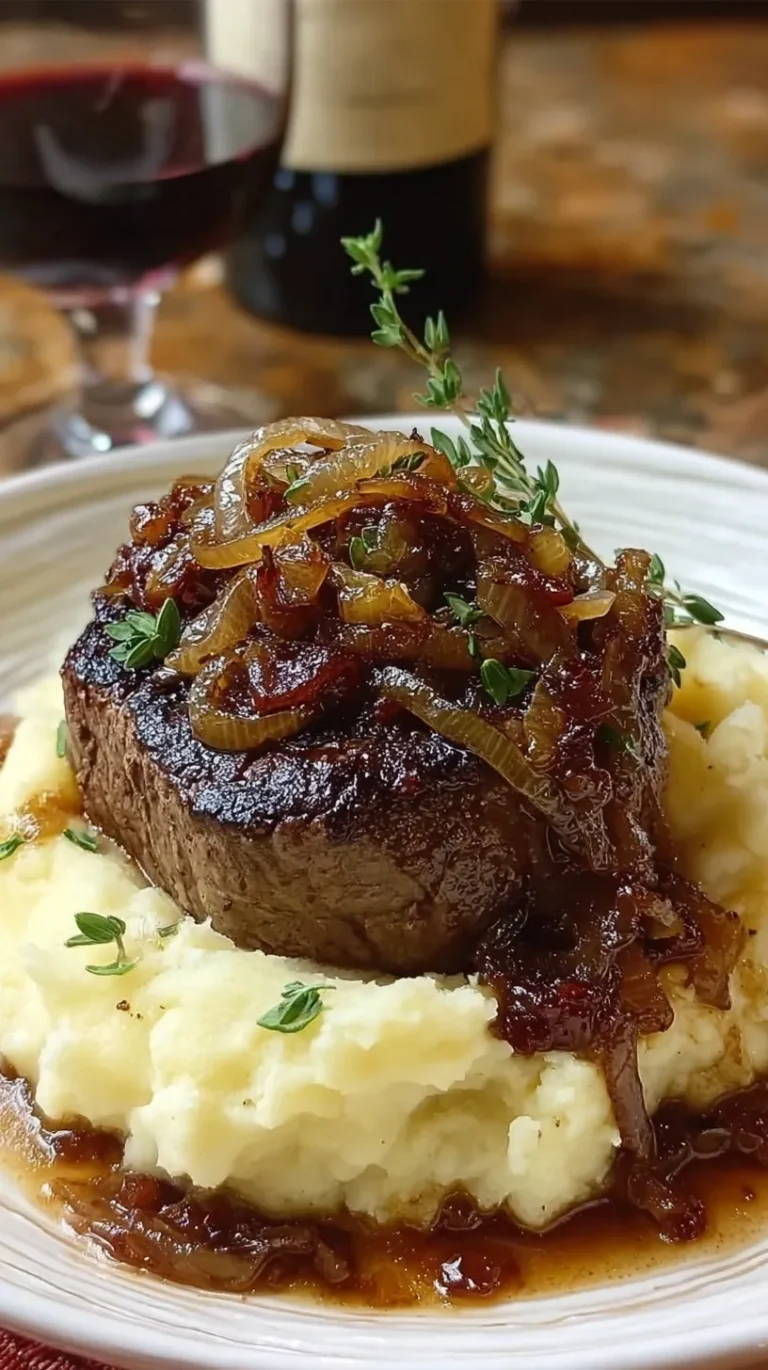 Pan-seared filet mignon topped with golden caramelized onions served with creamy garlic mashed potatoes.