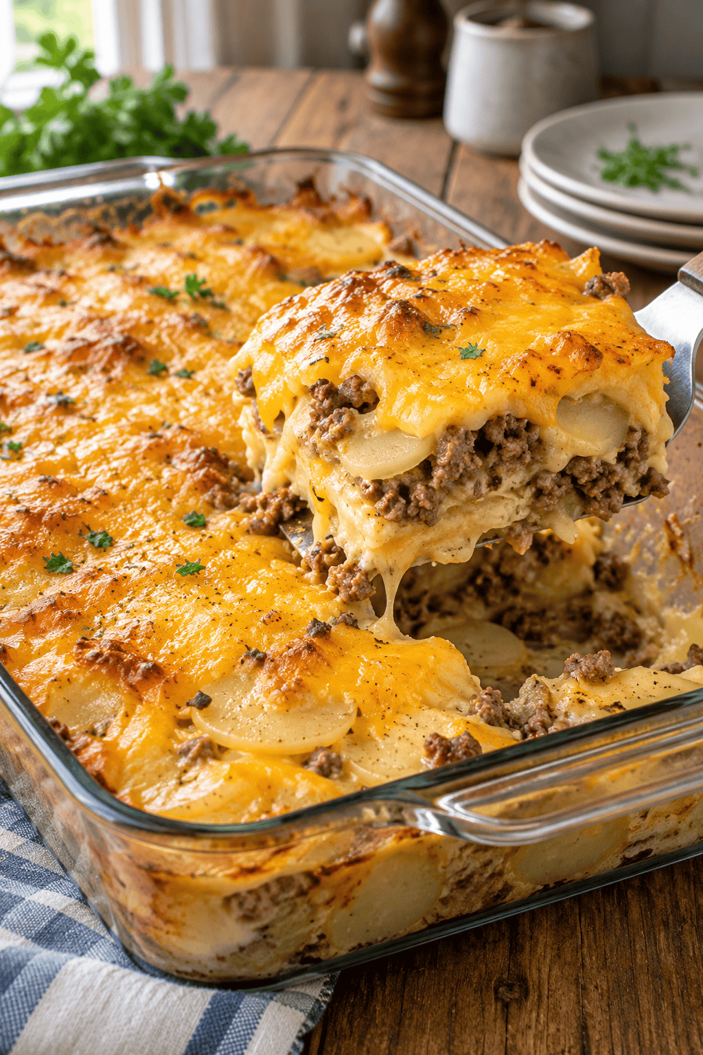 Baked hamburger and potato casserole with a golden cheddar top