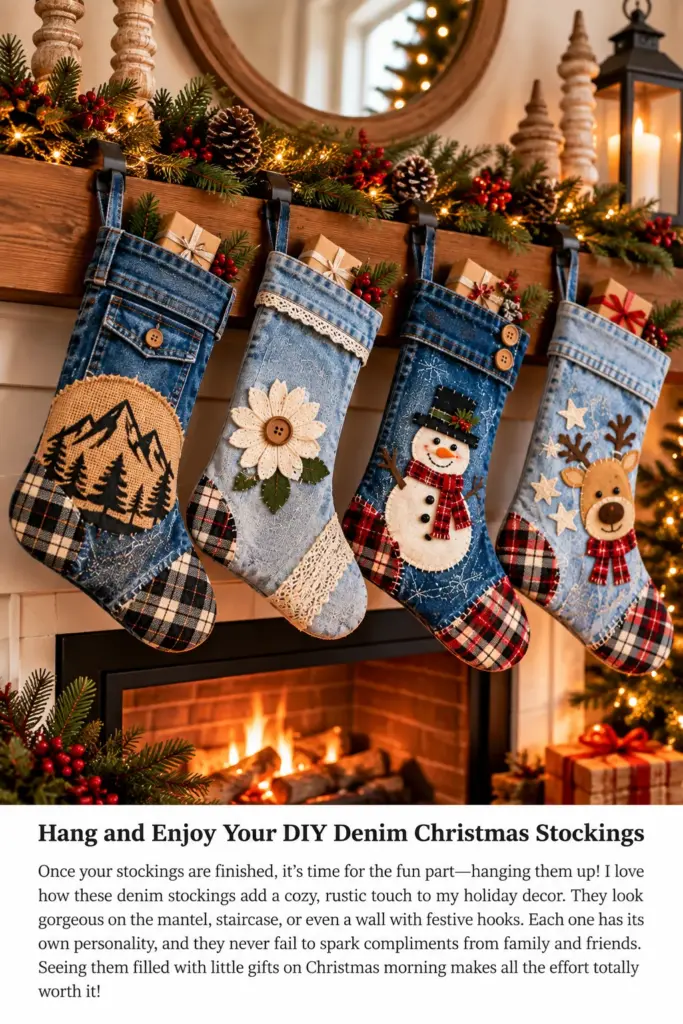 Finished DIY denim Christmas stockings personalized with plaid, felt patches, lace, and buttons hanging on a festive fireplace mantel.