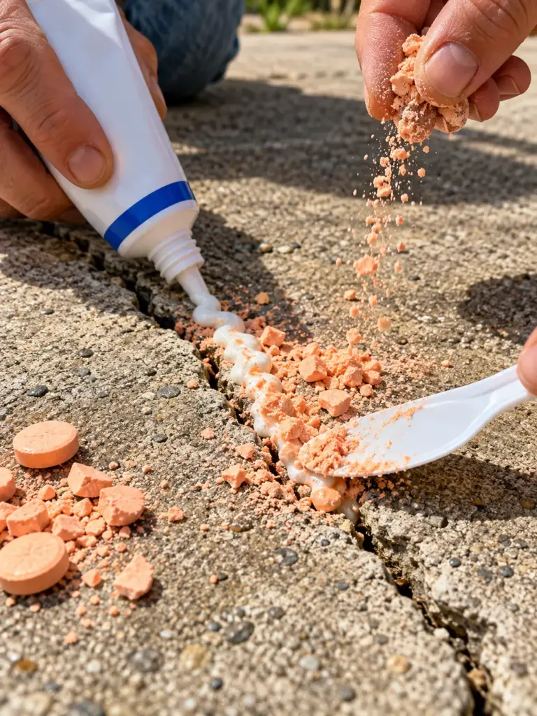 Fixodent and crushed Flintstones vitamins beside cracks in a concrete driveway during a DIY repair experiment.
Copier ALT Text