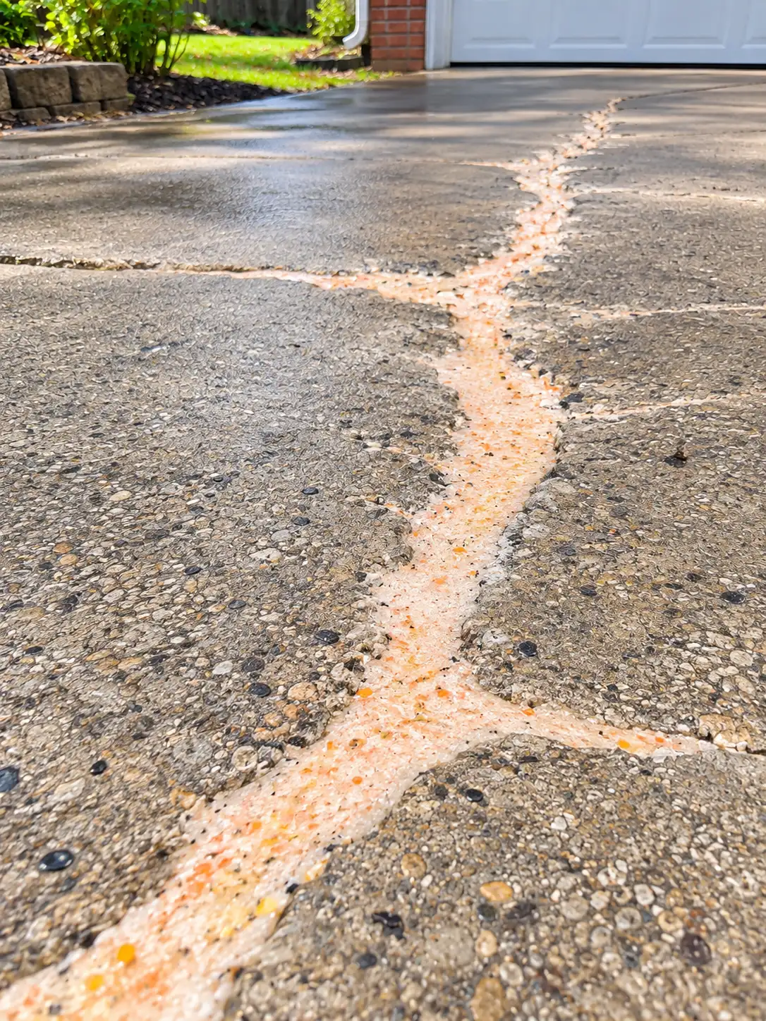 Failed concrete driveway crack repair with orange stains and deteriorating adhesive residue after rain. Copier ALT Text