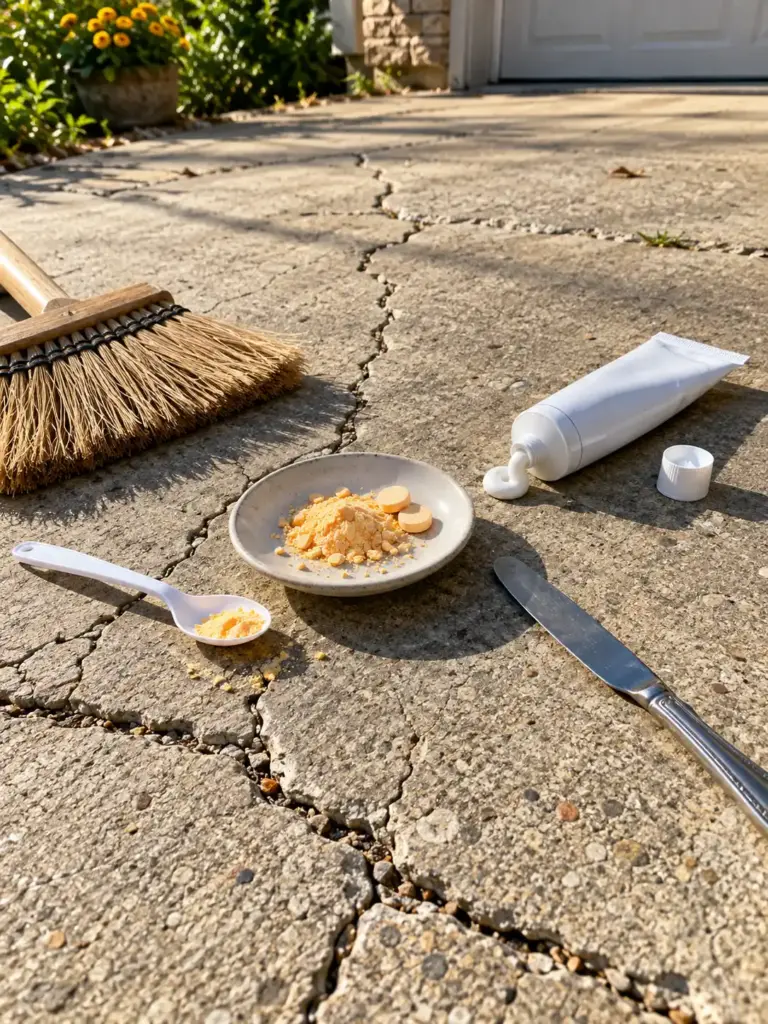 Fixodent and crushed Flintstones vitamins beside cracks in a concrete driveway during a DIY repair experiment.
Copier ALT Text