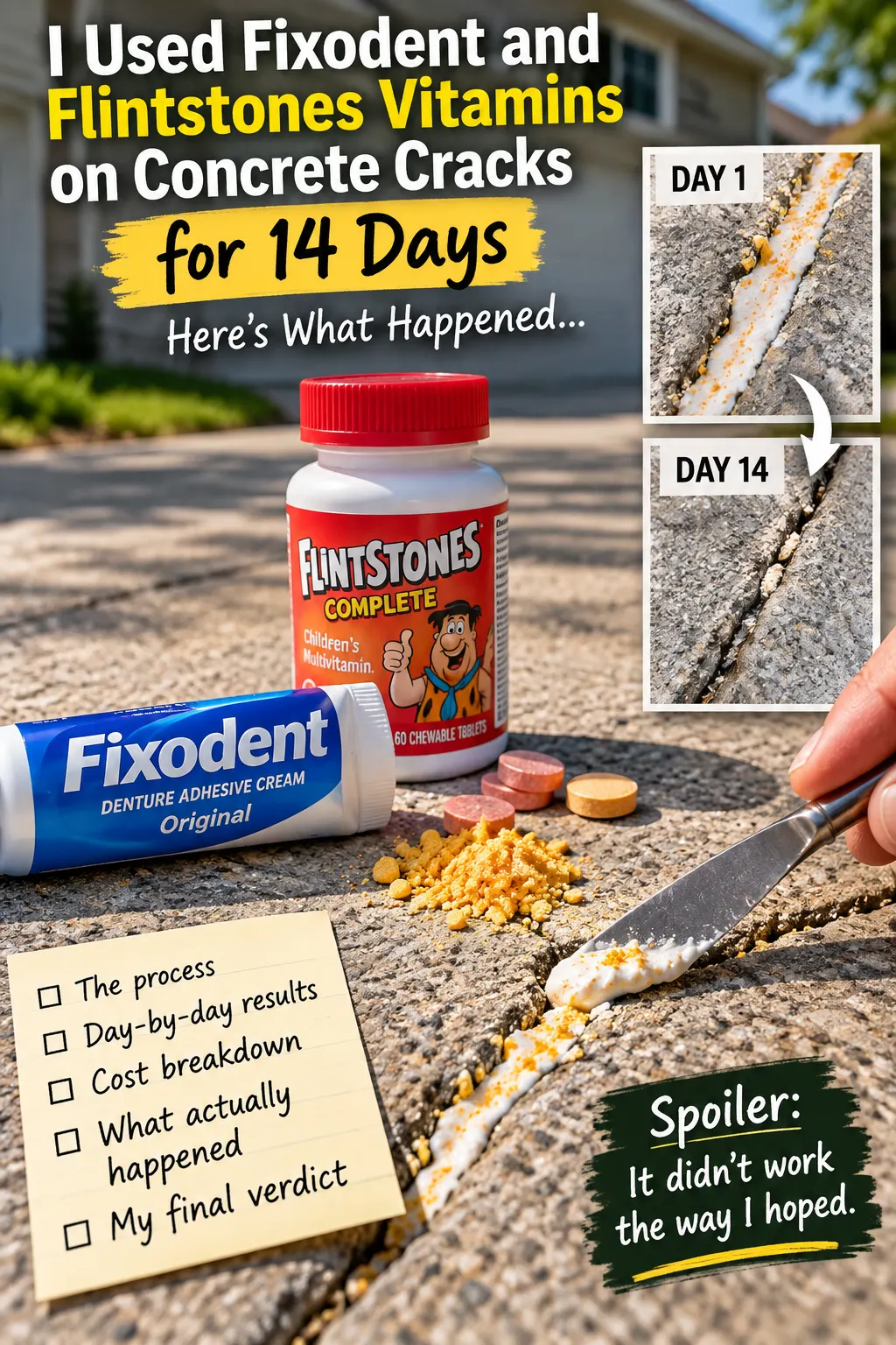 Fixodent and Flintstones vitamins for concrete cracks after a 14-day driveway test