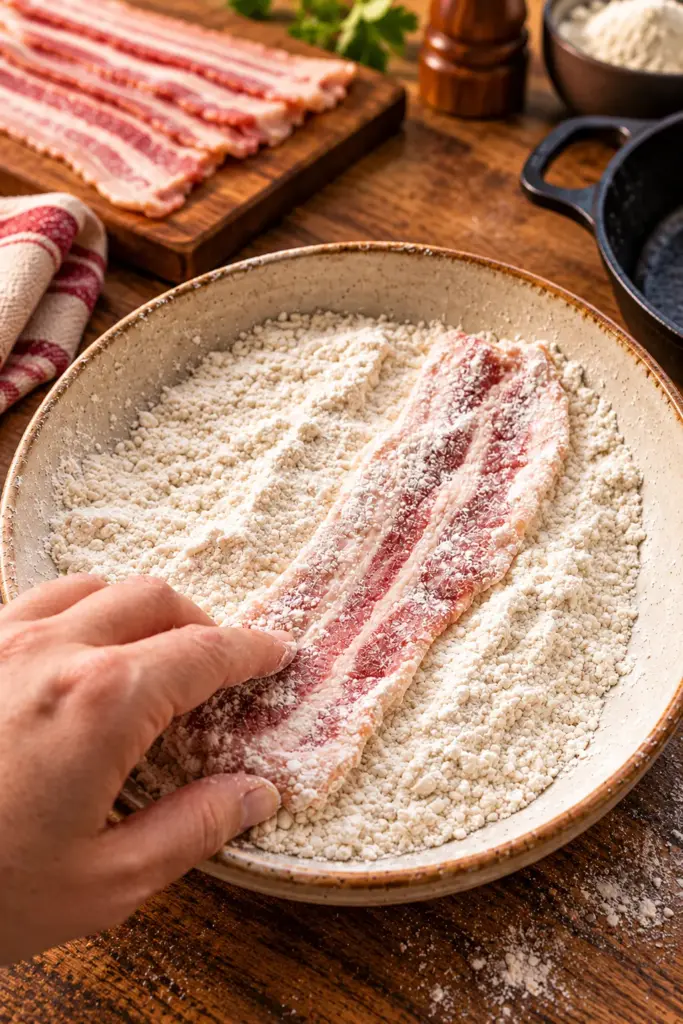 Raw bacon strips and all-purpose flour ready for dredging before frying