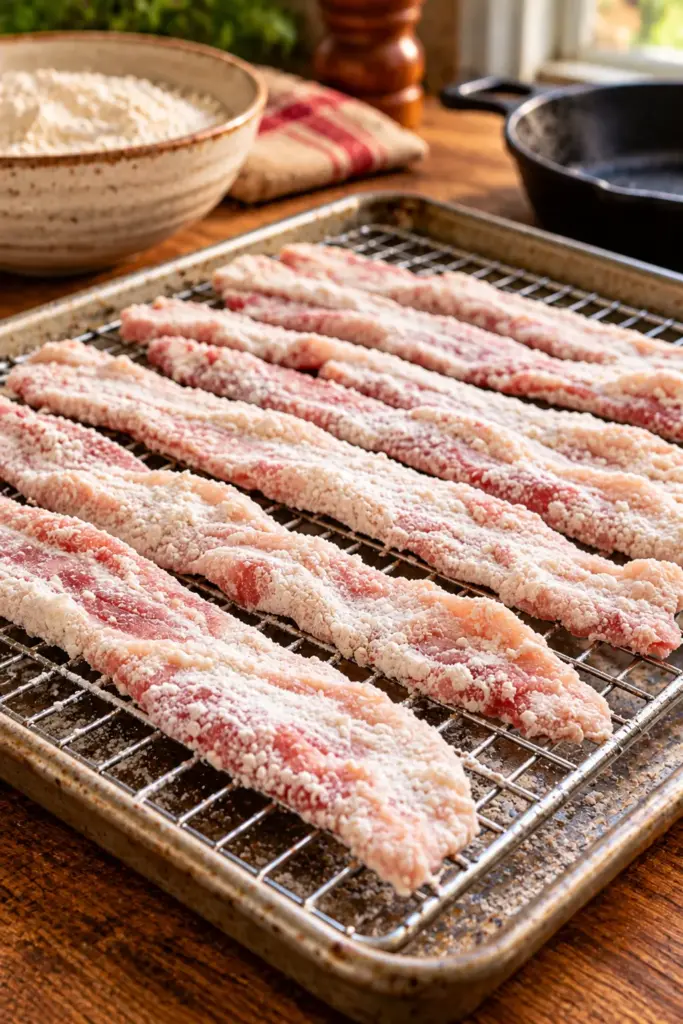 Raw bacon strips and all-purpose flour ready for dredging before frying