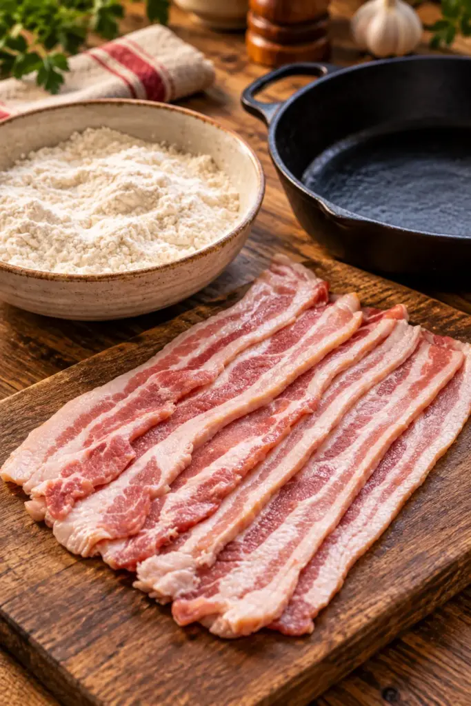 Raw bacon strips and all-purpose flour ready for dredging before frying