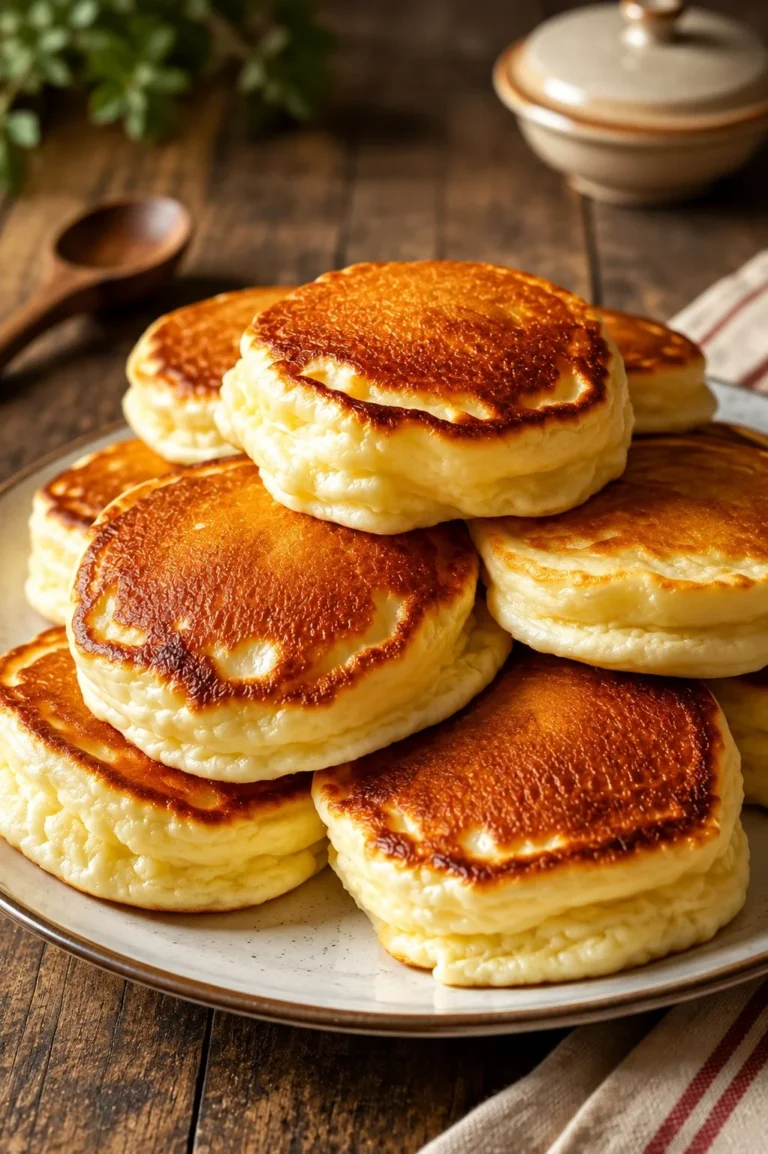 Stack of fluffy mini pancakes topped with syrup and fresh berries