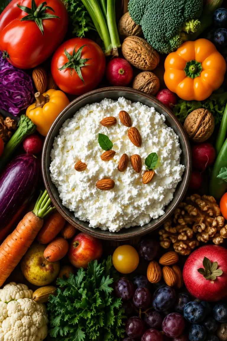 Bowl of cottage cheese topped with berries, honey, nuts, cucumber, tomatoes, and fresh herbs
