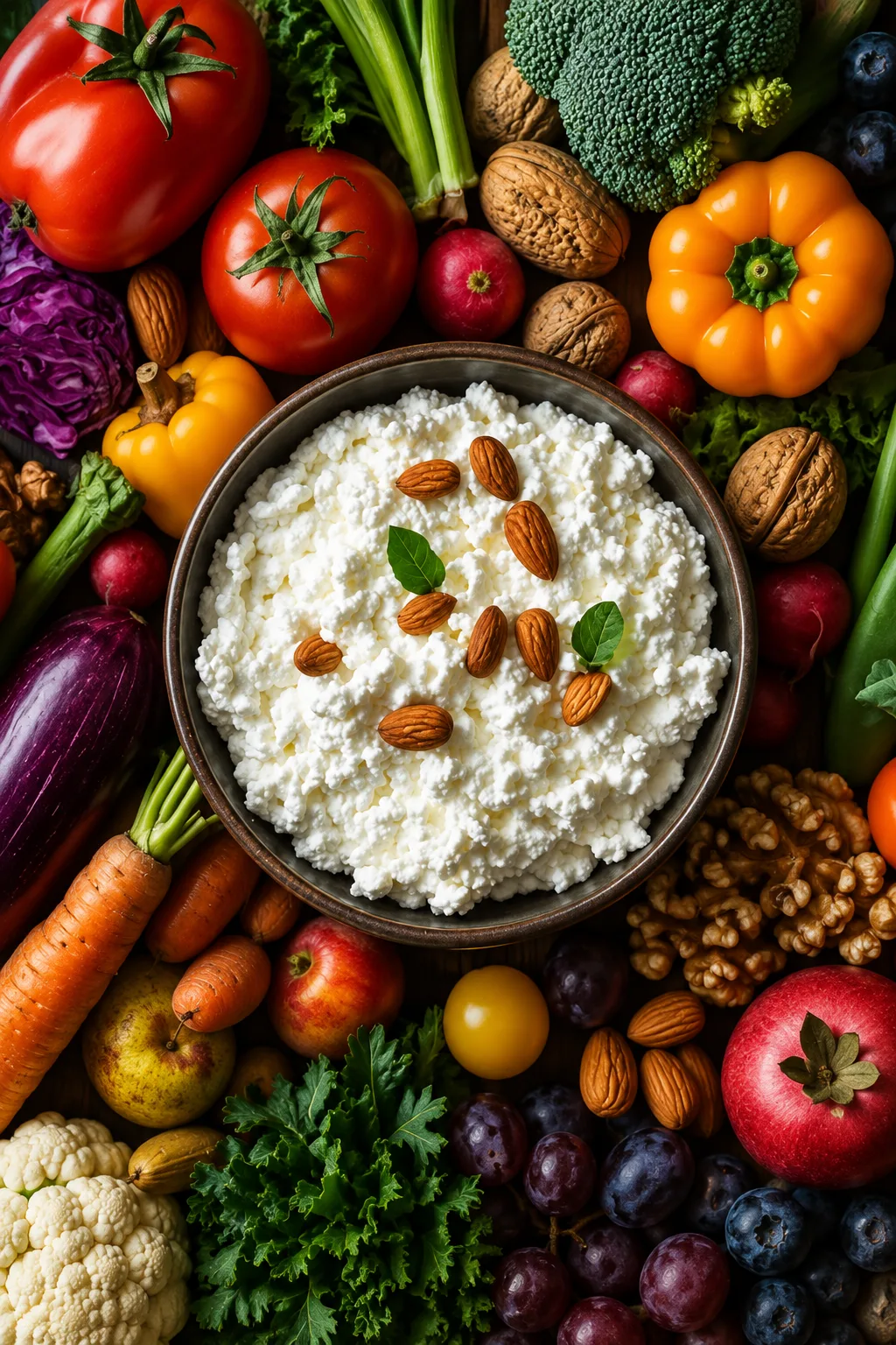 Bowl of cottage cheese topped with berries, honey, nuts, cucumber, tomatoes, and fresh herbs