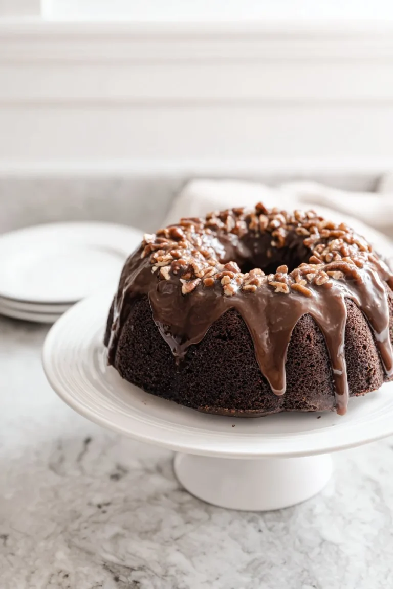 Delicious homemade chocolate bundt cake with chocolate icing and decorative sprinkles